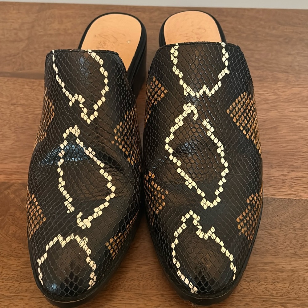 Leather Snake-Print Slip-On Mules in Black and Brown